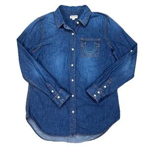 True Religion Womens Boyfriend Shirt Denim Western Oversized Dark Wash Size XL